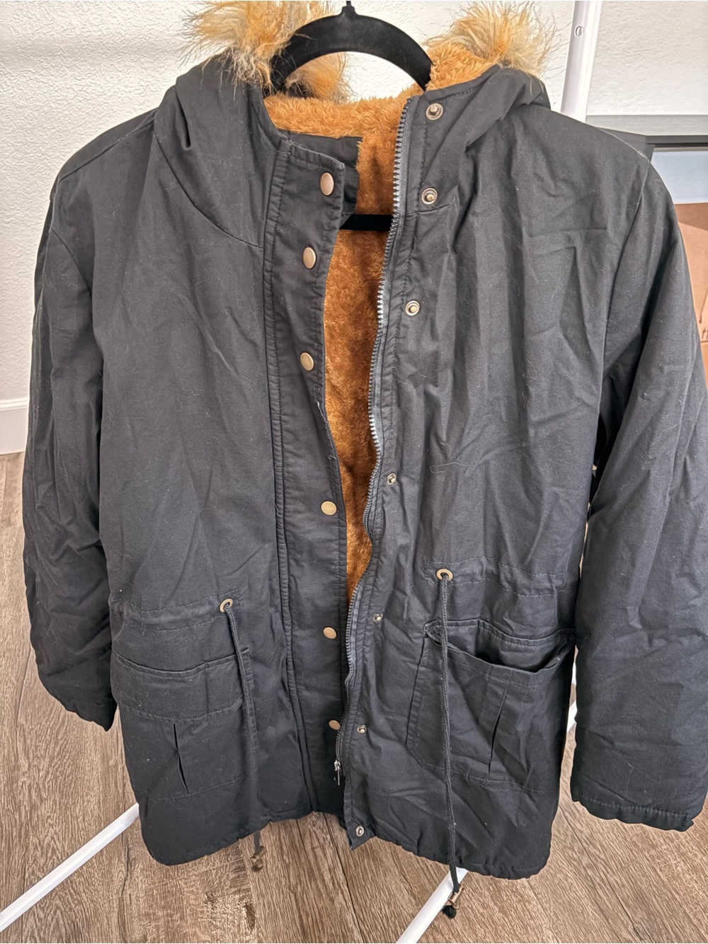Allegra K Women’s Black Field Jacket with Tan Faux-Fur Lining - Picture 3 of 4